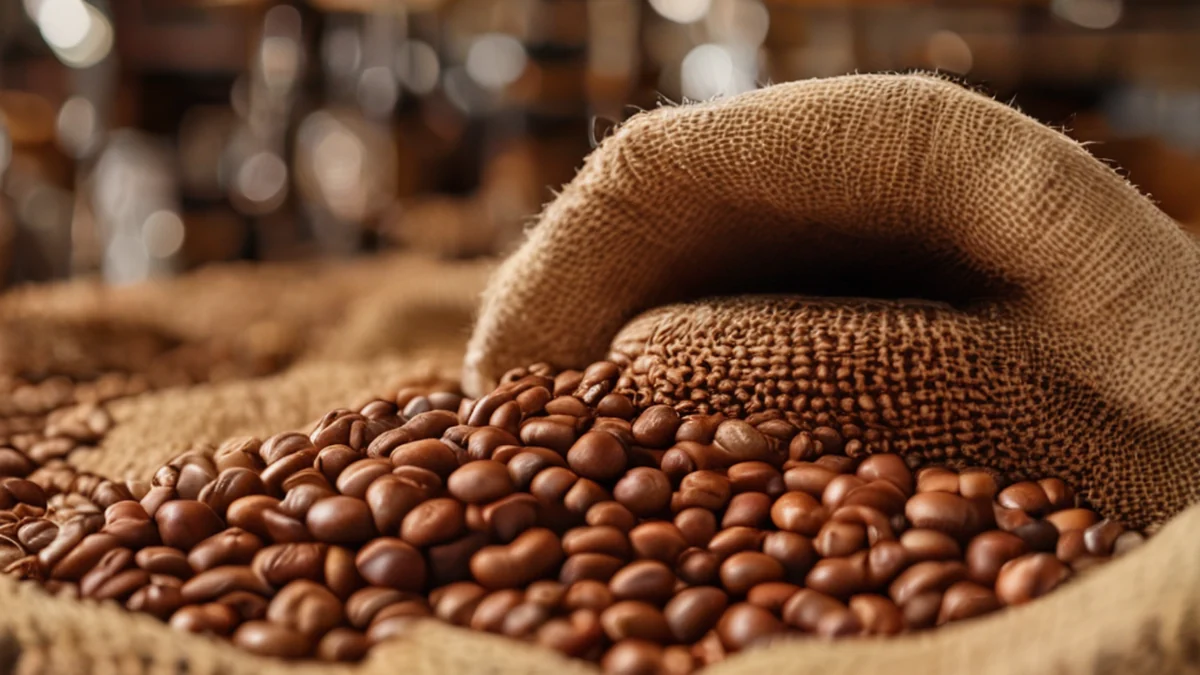Coffee beans packed in a burlap sack, natural texture, organic look