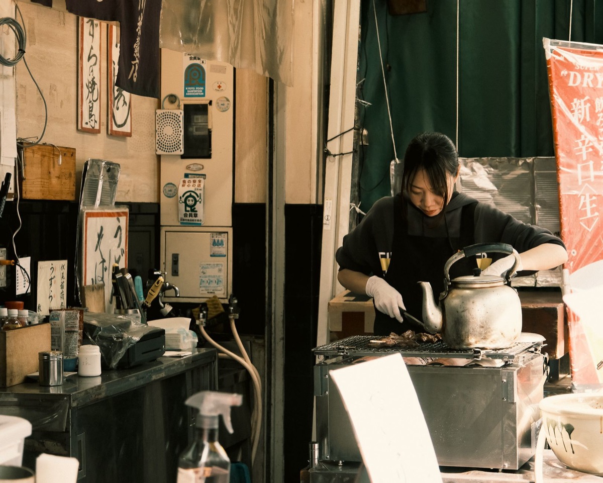 Osaka food market with diverse food stalls and street vendors