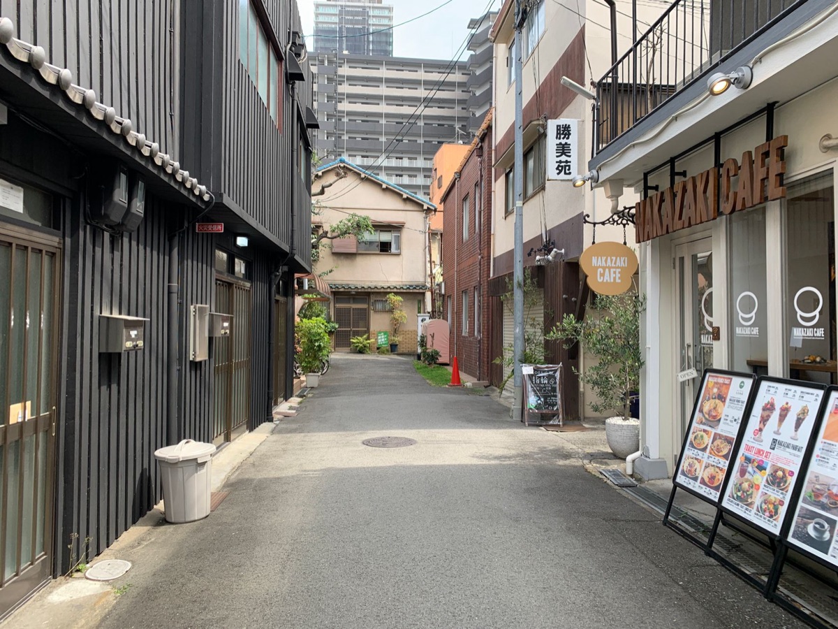 Osaka street view with traditional and modern buildings