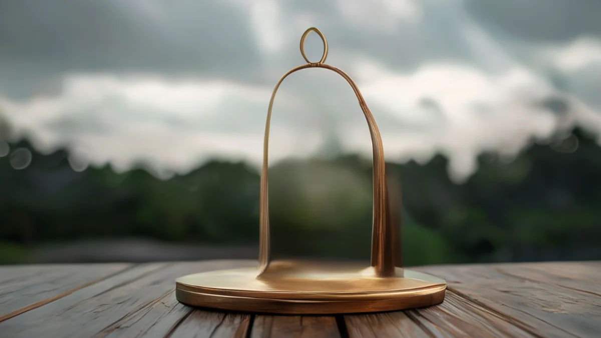 A Hiroshima bell, circular, polished bronze, on wooden table under overcast light, shallow focus, photorealistic detail