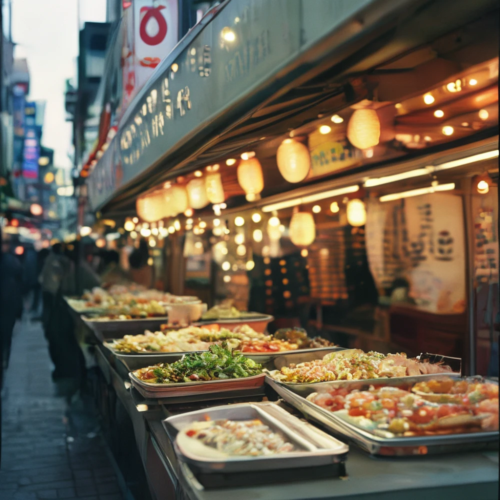Dotonbori food stalls with neon signs and street vendors