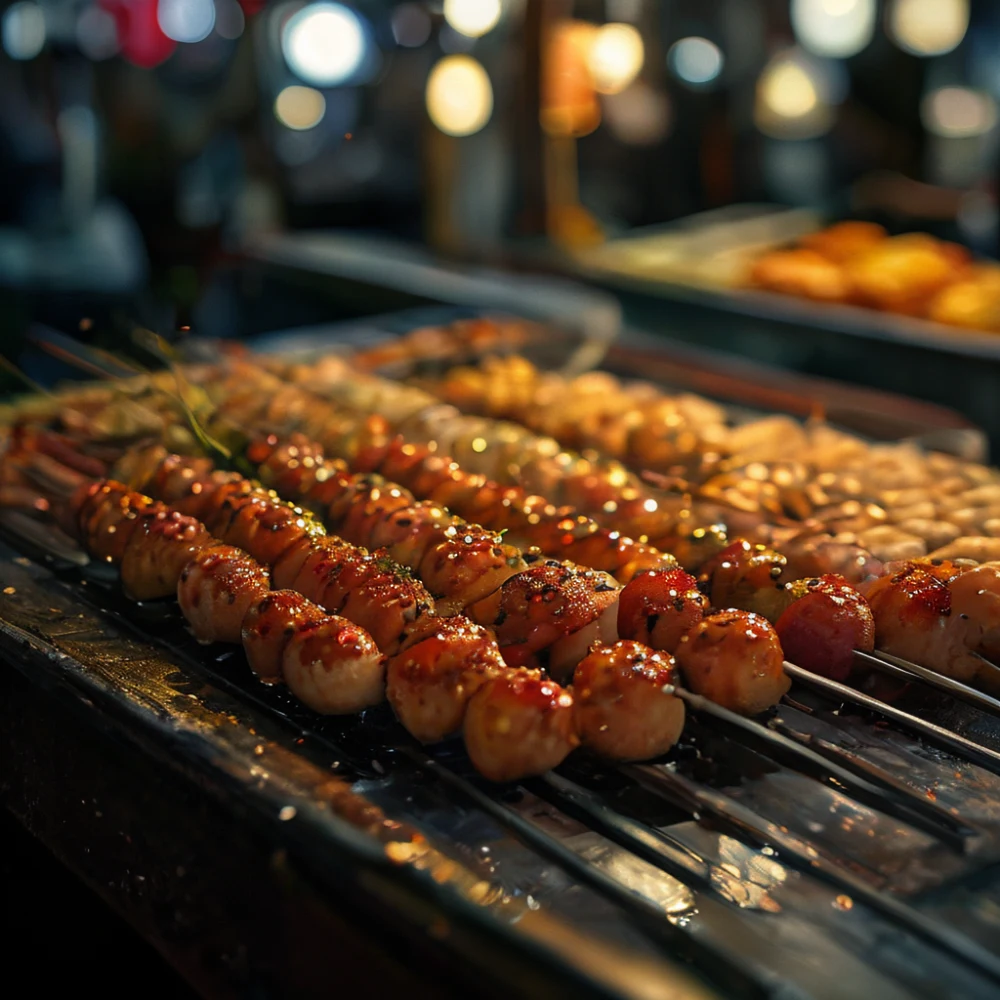 Dotonbori food stall with grilled skewers