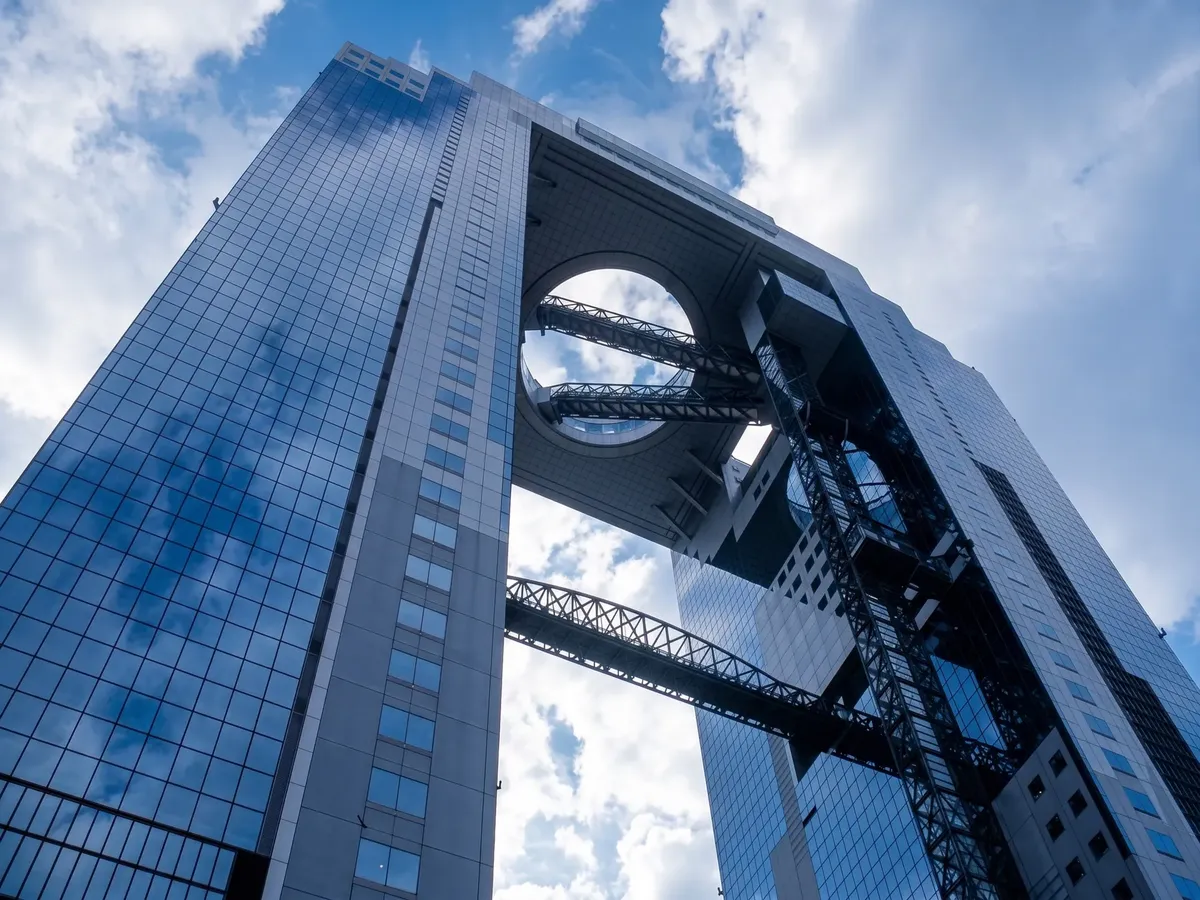 Stunning view of the Umeda Sky Building against a blue sky in Osaka.